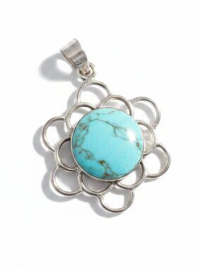 925 Sterling Silver Asian Turquoise Flower Pendant